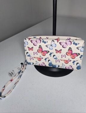 Kohl's Cream Wristlet Wallet with Pink, Blue & Purple Butterfly Print